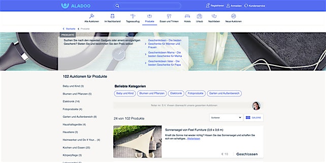 Ein Screenshot der Aladoo Website