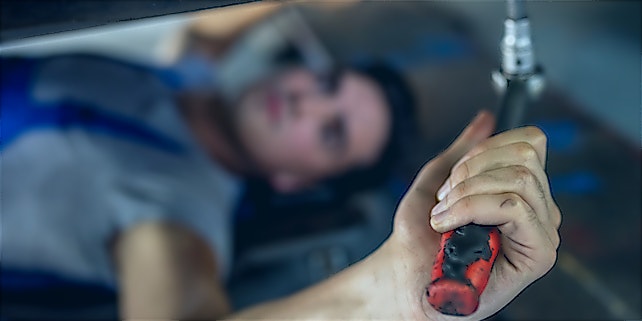 Autoreifen_wechseln_Dude Mann liegt unter einem Auto mit Werkzeug in der Hand