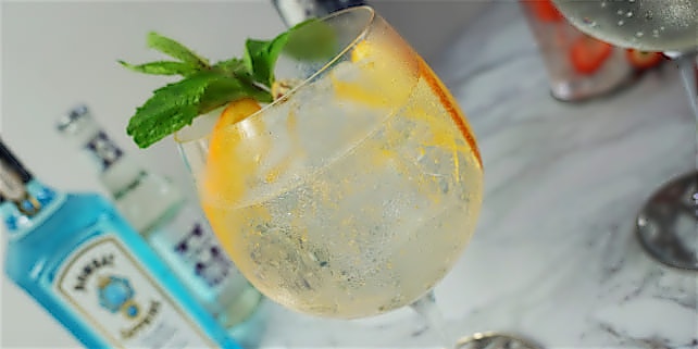 Gin_Getraenke_Tonic Gin Getränk mit einem Minzblatt und Orangenscheiben