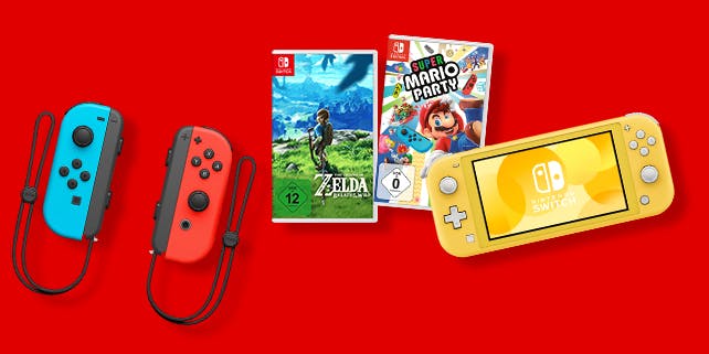Nintendo Switch Lite, 2 Joy-Cons und Spiele vor rotem Hintergrund