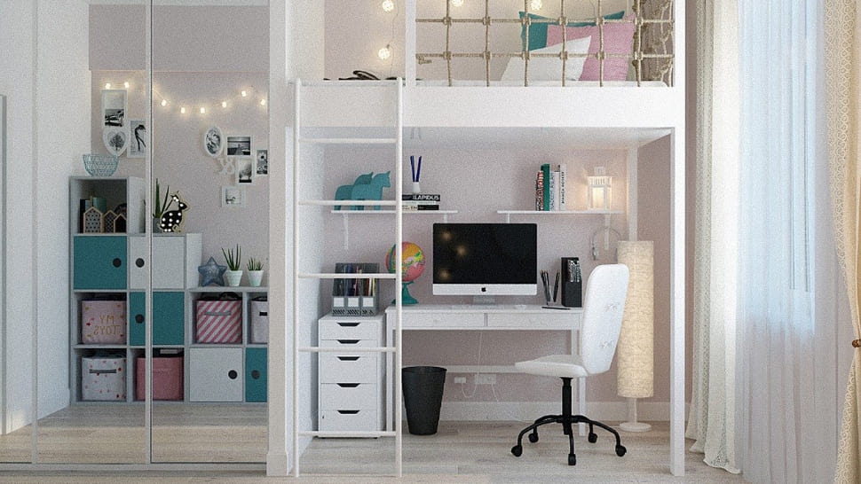 Studentenzimmer mit Hochbett, Schreibtisch und Kleiderschrank