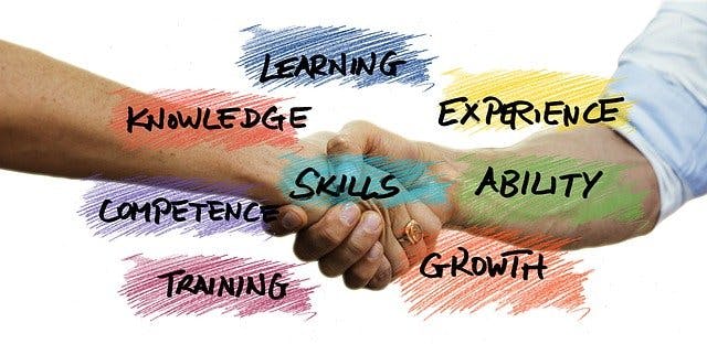 zwei sich schüttelnde Hände mit den Worten: Training, Skills, Expierience, Growth, Ability, learning, Knowledge, Competence