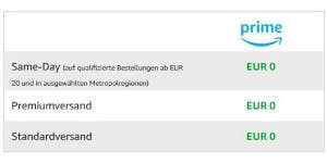 Tabelle mit den Prime Versandkosten